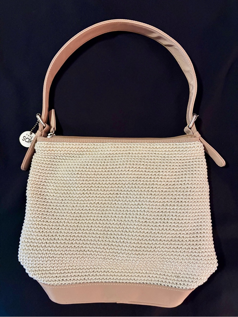 New The Sak Cream Woven Shoulder Bag with Tan Leather Trim